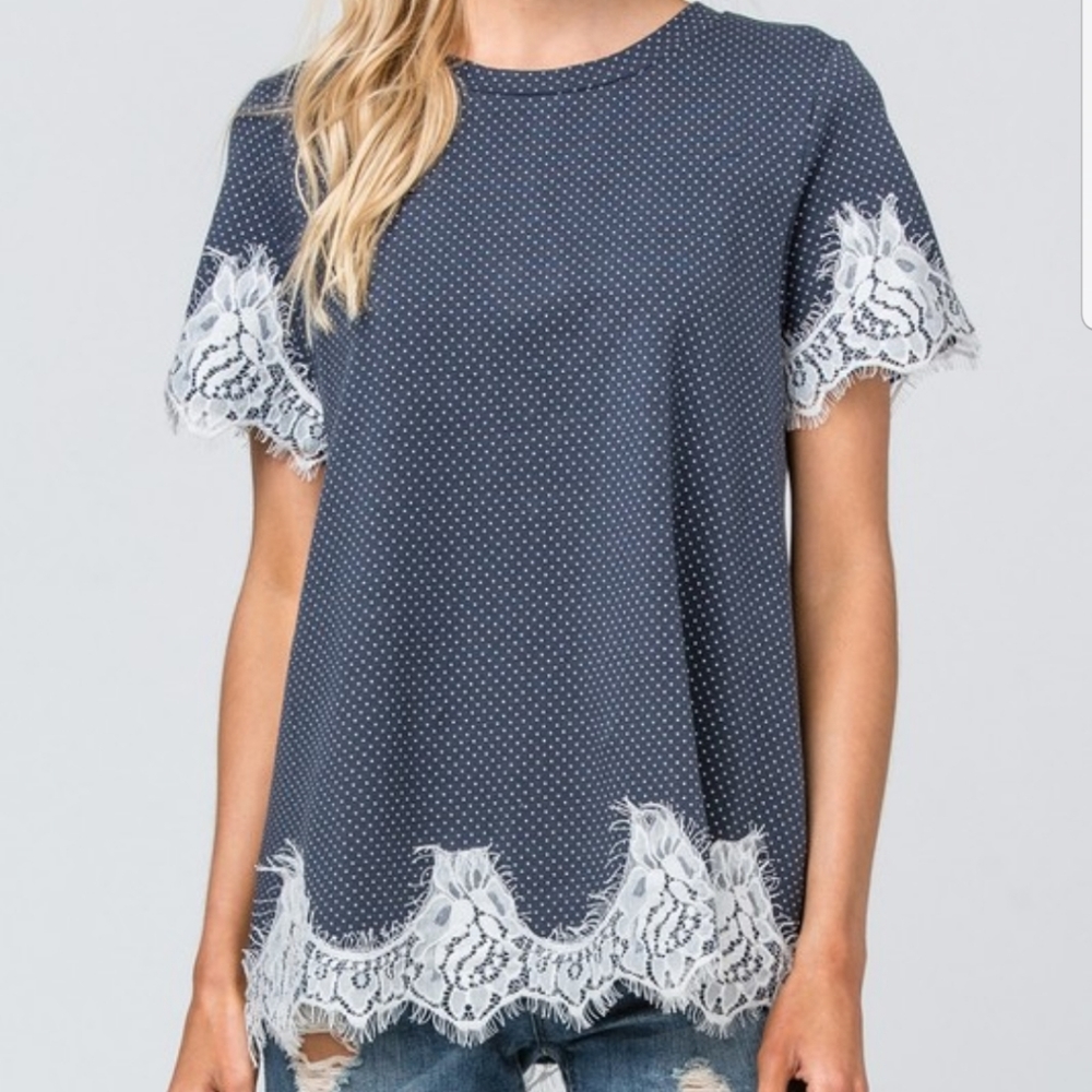 Lace Trim Pin Dot Tee - Picture 2 of 2